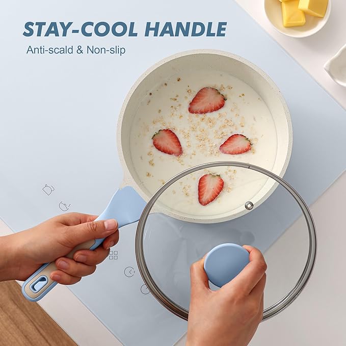 SENSARTE White Ceramic Nonstick Saucepan with Lid 2.5 Quarts, Medium Cooking Pot with Stay Cool Handle, Induction Compatible Saucepot, White Granite Coating, Free of Intentionally Added PTFE/PFOA/PFAS