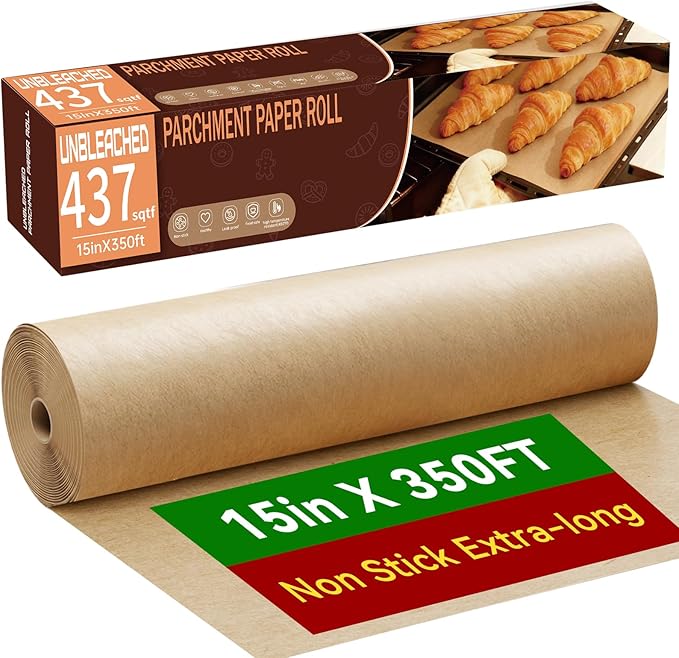 Unbleached 15x350 ft Parchment Paper Roll, 437 Sq.Ft, Non Stick Brown Extra Long Baking Paper Sheets with Serrated Cutter for Cooking, Baking, Grillin, Steaming Bread Cookies, Oven/Air Fryer/Microwave