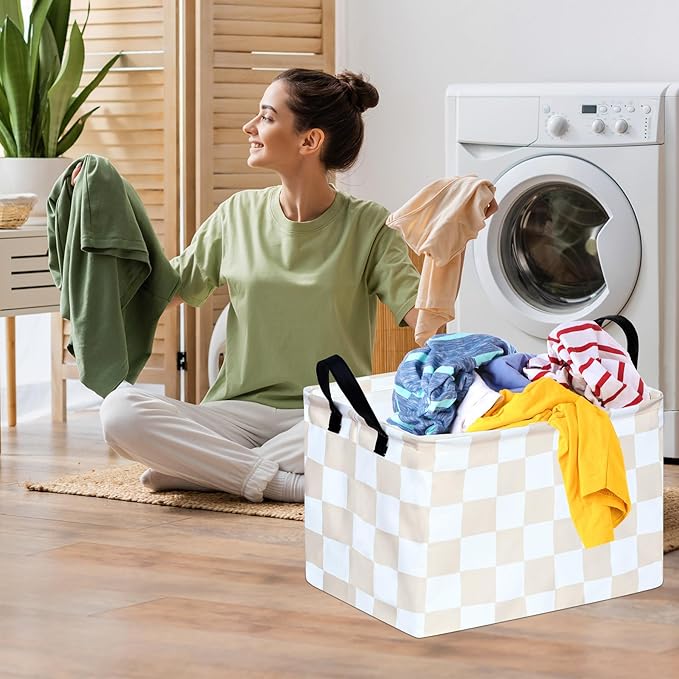 Beige Check Storage Basket Baby Toys Organizer Bins Decorative Gifts Bakset Waterproof Nursery Hamper Women Storage Cube Kids Laundry Basket for Home/Dorm/Kitchen/Pet/Office/Closet/Shelf/