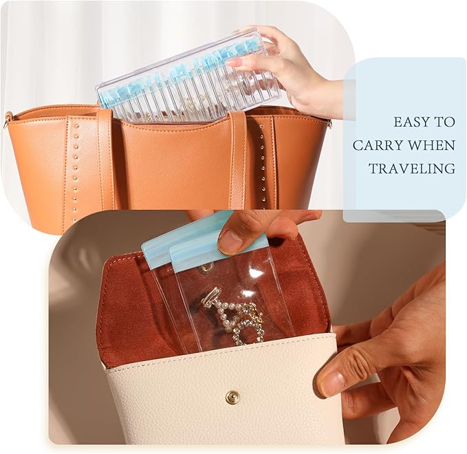 Acrylic Jewelry Box Organizer, Clear Jewelry Organizer Holder with 20 Portable Anti Tarnish Jewelry bags, Travel Jewelry Case for Earrings/Rings/Necklaces for Women Girls, Blue