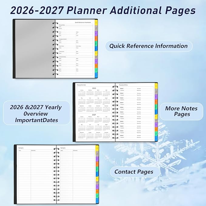 Daily Planner 2026-2027, 18-Month Weekly and Monthly Calendar Planner, January 2026 - June 2027, Planning Agenda Book with Laminated Tabs, Flexible Cover, 100GSM Thick Paper, A5 Size,Black