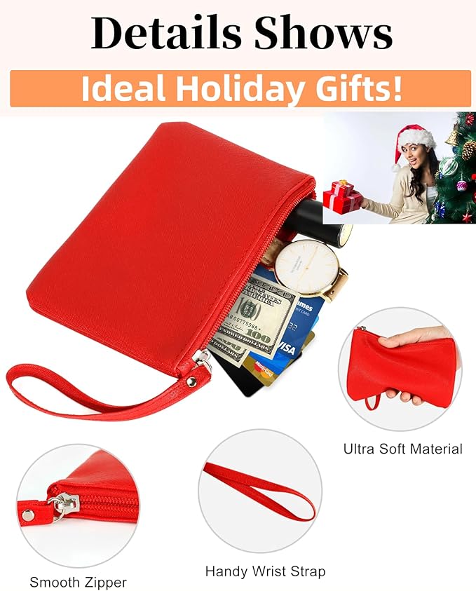 2 Pack Small Zipper Pouch Mini Makeup Bag for Purse Lipstick Cosmetic Travel Make Up Organizer for Women Essentials Feminine Products, Car Change Coin Holder 8x5 Phone Wristlet Wallet, Red