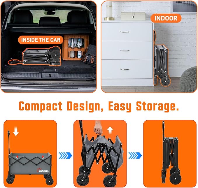 Wagons Carts Foldable, Lightweight Portable Utility Shopping Cart with Wheels, Folding Grocery Wagon Cart for Grocery, Camping, Shopping, Beach, Garden, Sports Grey