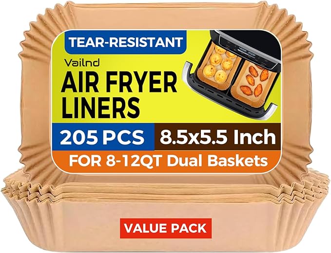 Air Fryer Paper Liners, 205 PCS Non-Stick Parchment Paper, 8.5-Inch Rectangle Disposable Air Fryer Liners for 8-12 QT Basket, Water-Proof & Oil-Proof Airfryer Liners for Baking, Roasting, Microwave