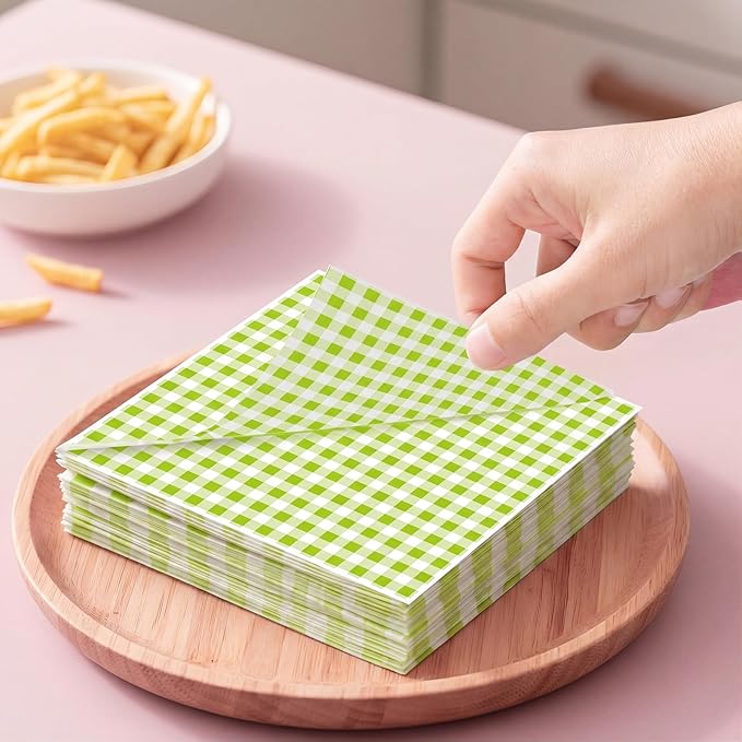 100pcs Waxed Deli Paper Sheets, 7x7" Food Basket Liners for Sandwiches, Burgers. Classic Checkered Deli Wrap Wax Paper Sheets by Neyimqr (Green)