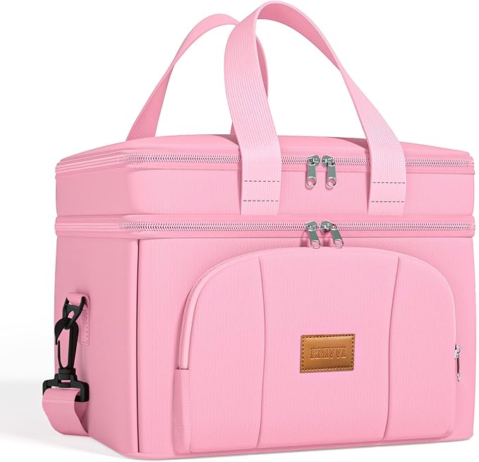 Rnivvi Lunch Box for Women, Double Decker Insulated Cooler Bag Lunch Bag Reusable Leakproof Tote Lunch Container with Strap for Work Family Picnic Hiking Camping, 18 Cans 12L, Large Adults, Pink