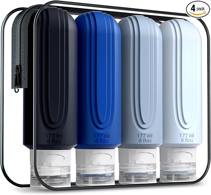 Travel Bottles for Toiletries, Large 6oz Oversize Containers, BPA Free Leak Proof Tubs Refillable Liquid Traveler Accessories with Toiletry Bag for Cometic Shampoo and Lotion Soap (4 Pack)