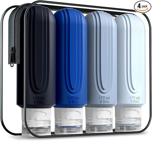 Travel Bottles for Toiletries, Large 6oz Oversize Containers, BPA Free Leak Proof Tubs Refillable Liquid Traveler Accessories with Toiletry Bag for Cometic Shampoo and Lotion Soap (4 Pack)