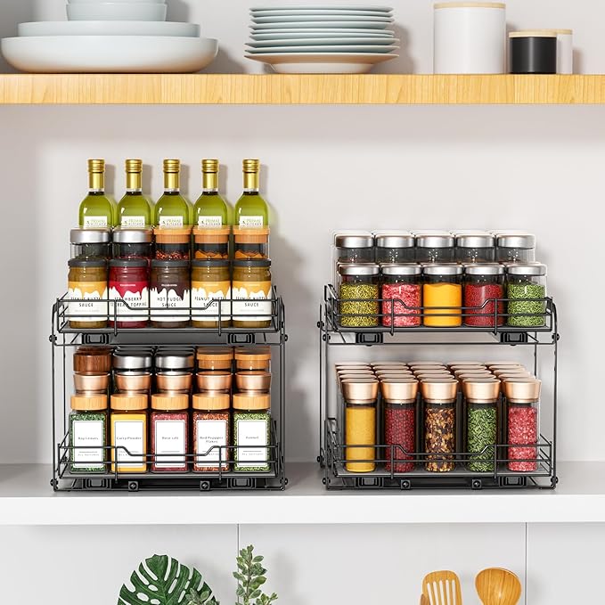 RCHYFEED Spice Organization for Cabinet, 2 Tier Pull out Spice Rack Organizer for Inside Cabinets & Pantry, Slide out Heavy Duty Spice Shelf Rack for Kitchen Seasoning (11.5" Wx10.5 Dx9.5 H)