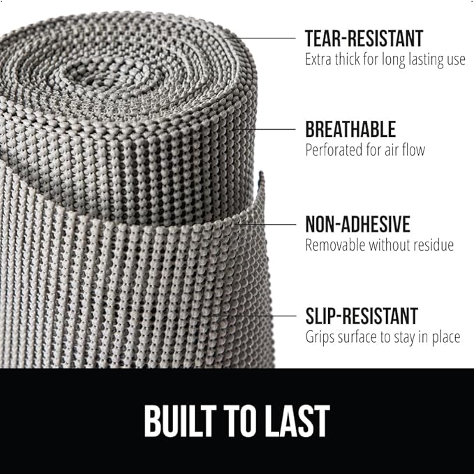 GORILLA GRIP powerGRIP Drawer Shelf and Cabinet Liner, Thick Strong Hold, Non-Adhesive Liners Protect Kitchen Cabinets and Cupboard, Bathroom Drawers, Easy Install, Breathable Mat, 24" x20', Gray