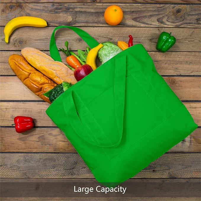 TOPDesign 3-Pack Canvas Tote Bags with an External Pocket, Reusable Grocery Shopping Bags, Top Zipper Closure, Daily Essentials (Lime Green)