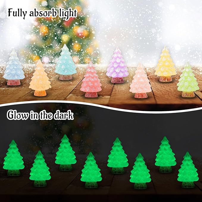 24 Pcs Mini Glitter Christmas Tree Figurines Glow in The Dark Xmas Luminous Resin Tree Miniature for Holiday DIY Crafts Garden Micro Landscape Party Home Tabletop Decoration