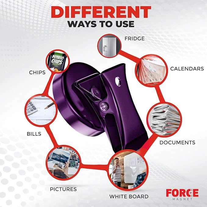 Force Magnet - Magnetic Clips Pack of 10 - Premium Quality Super Strength Magnet Clips with Anti-Scratch Pads - Make Notes, Remember Appointments, and Hang Keys on Metal Surfaces - Heavy Duty (Purple)