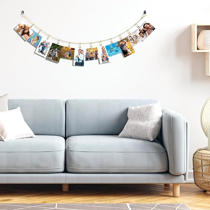 2 Pack Chain Photo Clip Hanging Photo Display Wall Photo Display Metal Photo String with 12 Clips Wall-Mounted Picture Holder for Hanging Painting Family Photos Artworks (Gold Color)