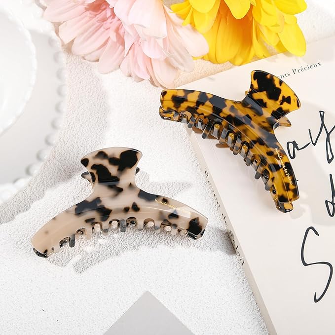2 Pack Hair Claw Clips Women Large Tortoise Hair Clip French Design Barrettes Celluloid Leopard Print Accessories Jaw Clips for Thick Hair