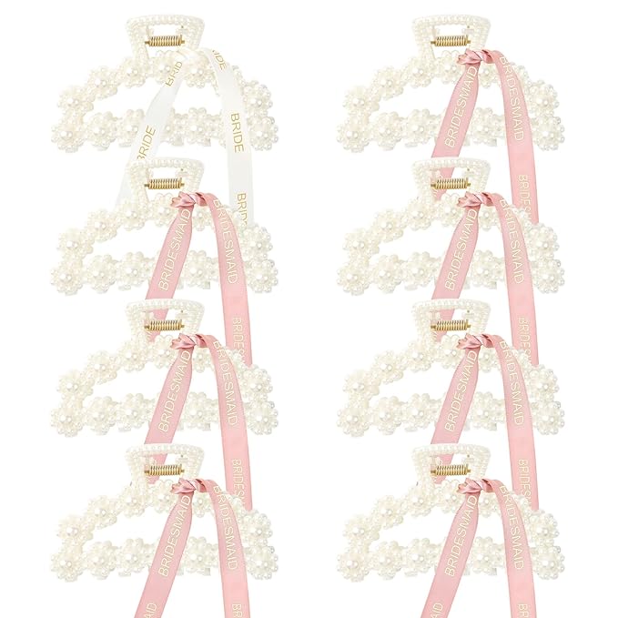 DEEKA Bridesmaid Proposal Gifts 8 Pack Pearl Bridesmaid Hair Claw Clips with Ribbon 3 Inch Hair Clips Bachelorette Party Favors Bridal Party Present Hair Accessories (Half Circle White&Rose Gold)
