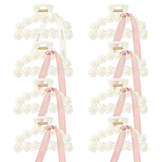 DEEKA Bridesmaid Proposal Gifts 8 Pack Pearl Bridesmaid Hair Claw Clips with Ribbon 3 Inch Hair Clips Bachelorette Party Favors Bridal Party Present Hair Accessories (Half Circle White&Rose Gold)