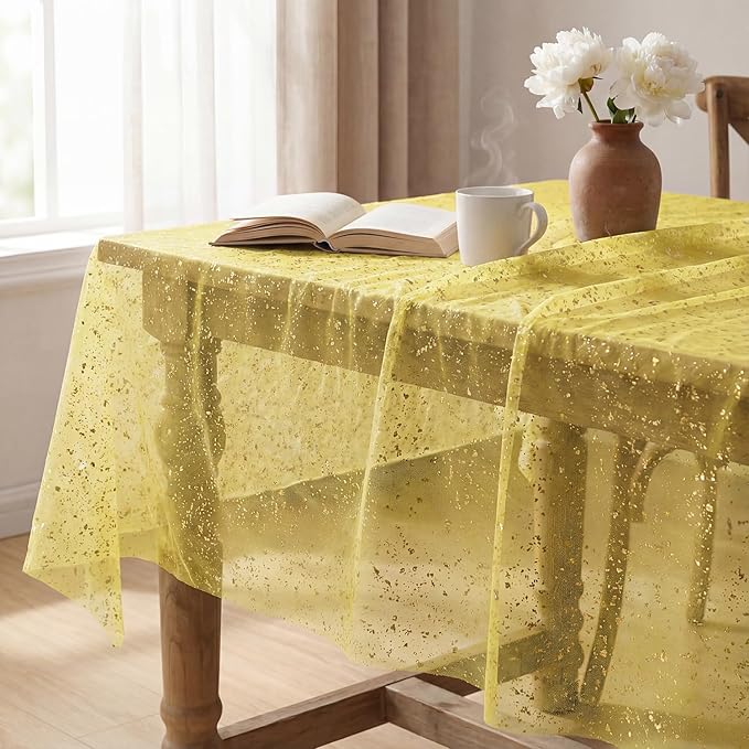 Horaldaily Yellow Gauze Tablecloth 52x70 Inch Rectangular, Golden Sequin Glitter Metallic Foil, Sheer Tulle Cheesecloth for Wedding Baby Shower Ceremony Birthday