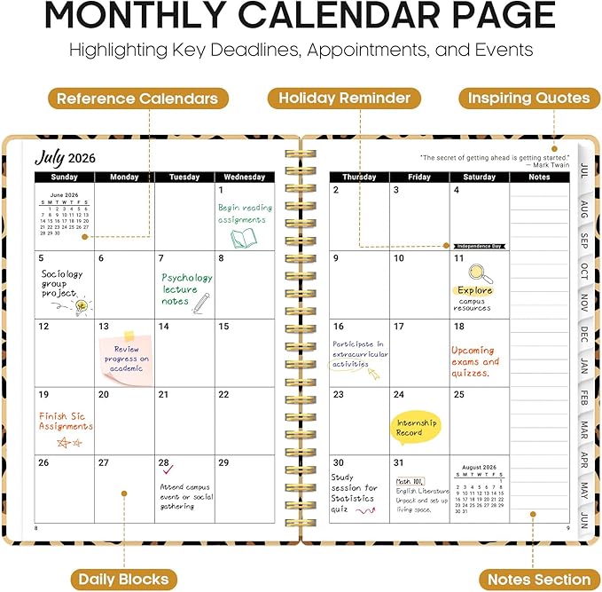 Planner 2026-2027, Academic Year Monthly and Weekly Calendar Planner, Jul 2026 - Jun 2027, Hardcover Teacher Student Planning Agenda book with Tabs, Perfect for School Office Supplies, 6.3" x 8.5" - Leopard