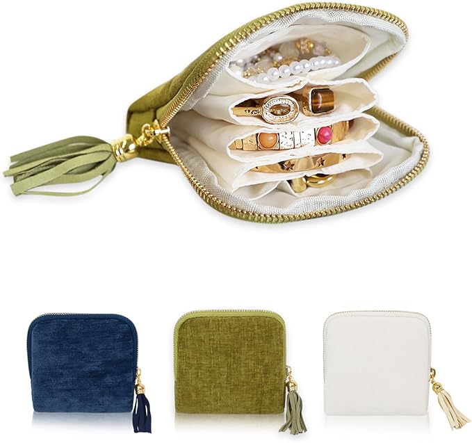 Stratalife Travel Jewelry Case Organizer for Women Portable Jewelry Box with Small Pouches for Gemstones Healing Crystal Bracelets, Necklace Bangles Storage, Pendants Ring Holder Zipper, Green Tassel