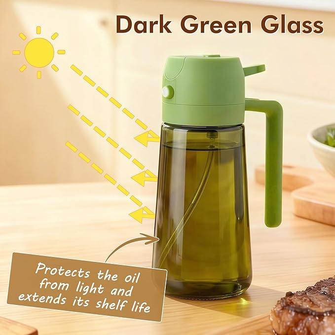 Poshetion 2 in 1 Olive Oil Sprayer for Cooking, 16oz Light-Proof Oil Dispenser for Kitchen, Leak-Proof Oil Spray Bottle for Air Fryer, Salad, BBQ, Baking, Grilling - Green