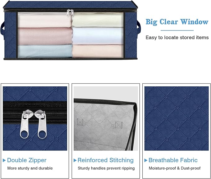 HomeHacks Storage 3-Pack Clothes Organizer Storage Bags Foldable Storage Box with Large Clear Window Sturdy Handles for Closet, Dorm, Pillows, Bedding, Clothes, Blankets, 35L, Blue