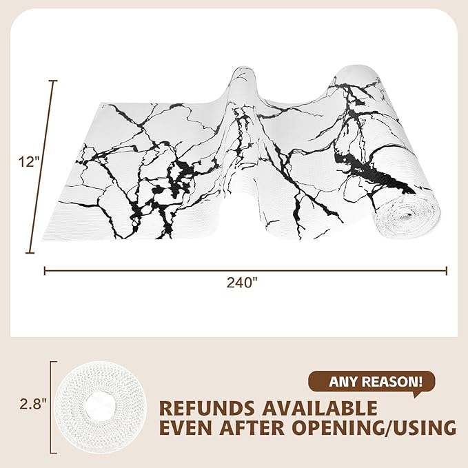 2-Layer Drawer and Shelf Liner for Kitchen Cabinet: 12 in X 20 Ft Non Slip Waterproof Shelf Paper Non Adhesive Refrigerator Liners White/Black Marble Easy Liners for Bathroom with Knife Tape Measure