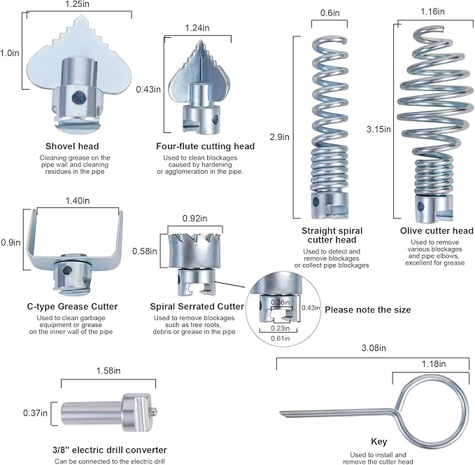 16mm Drain Cleaner Combination Cutter Head Set is drain auger drill attachment & drain snake drill attachment，Relioky 8pcs drain cleaning drum machine tool set for pipe drain cleaner machine,silver
