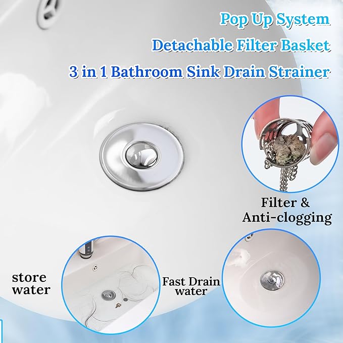 Pop up Bathroom Sink Drain Strainer,Universal Sink Stopper Bathroom Drain with Filter Basket,Bathroom Sink Stopper Hair Catcher for 1.06"~1.61" Drain Hole 2 PCS(Silver Chrome)