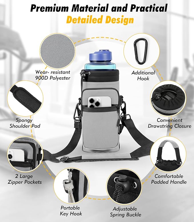 Nuovoware Water Bottle Carrier Bag,25oz/40oz/64oz Bottle Pouch Holder,Adjustable Shoulder Hand Strap 2 Pocket Sling Neoprene Sleeve Sports Accessories for Hiking Travelling Camping