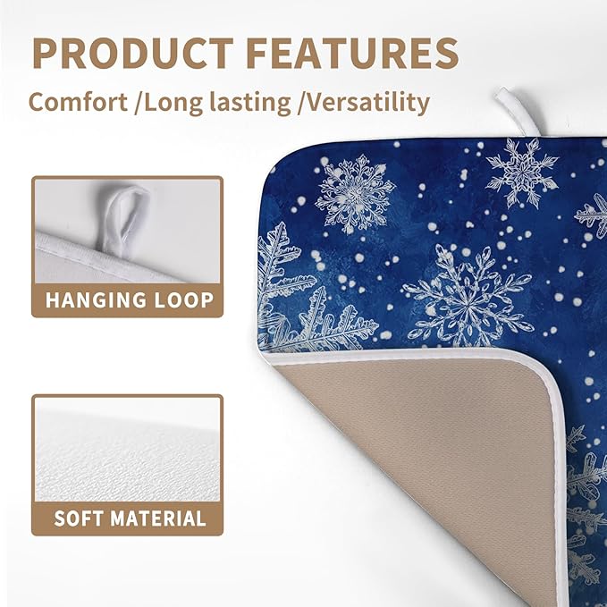 Winter Blue Snowflake Dish Drying Mat for Kitchen Counter Merry Christmas Snowflakes Drying Mats Xmas Holiday Dish Draining Mat Microfiber Absorbent Dish Drainer Rack Pad 16x18 Inch