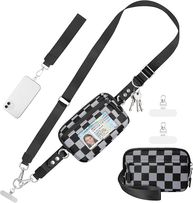 Clip and Go Strap for Phone with Wallet Crossbody Phone Lanyard and Detachable Checkered Bag with ID Window and RFID Pouch for Daily Travel.