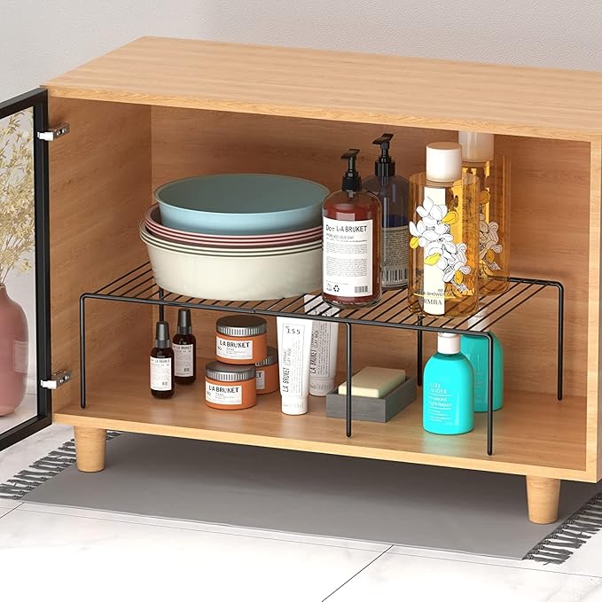 Kitchen Cabinet Expandable Shelf Organizers Set of 2, Adjustable Metal Wire Pantry Storage Shelves, Plate Dish Organizer Rack for Cabinets, Cupboard, Counter, Freezer, Countertop, Black