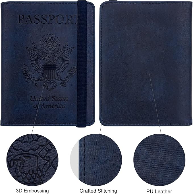 WALNEW Passport Holder for Travel, RFID Passport Cover Wallet for Women Men, PU Leather Passport Book Card Holder Case with Pen (Elastic Band Closure, A-Navy Blue)