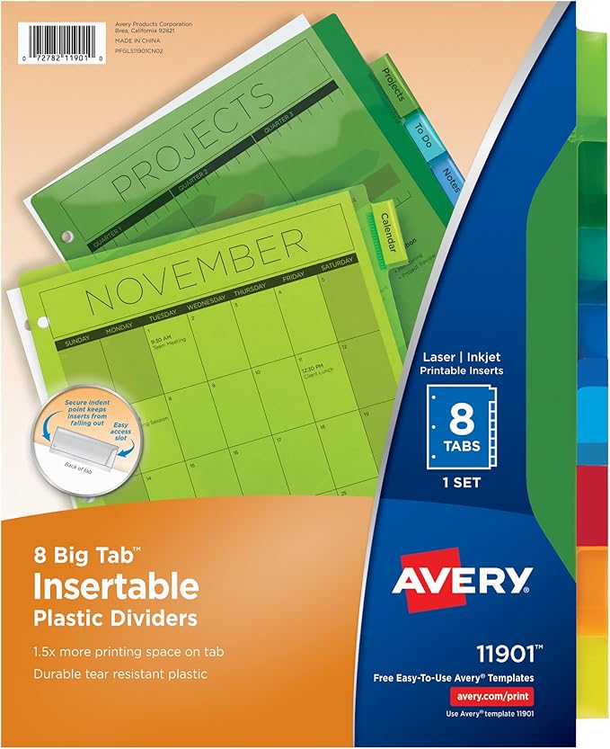 Avery Dividers for 3 Ring Binders, 8-Tab Plastic Binder Dividers Insertable Big Tabs, Multicolor, 1 Set (11901)