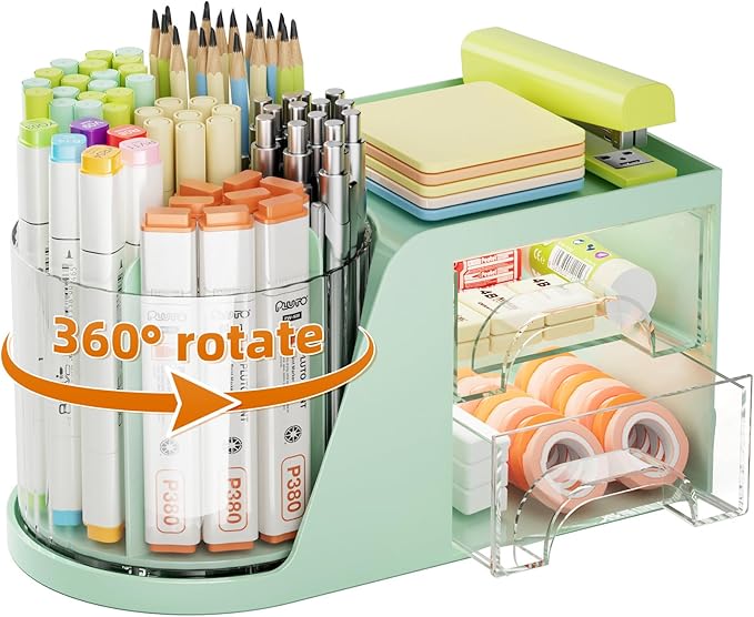 Marbrasse Desk Organizer with 2 Drawer, 360°Rotating Pen Holder, Desk Organizers and Accessories with 6 Slots Pencil Holder + 2 Drawer, Art Supply Storage Box Caddy for Office (Green)