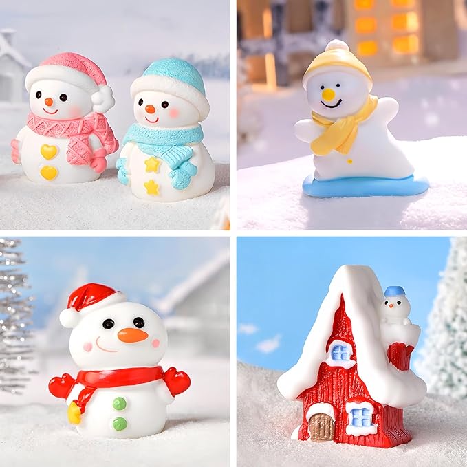 20 Pcs Mini Christmas Snowman Figurines with Winter House Snowflakes Tiny Little Xmas Resin Snowmen Miniature Figures for Holiday Crafts Garden Micro Landscape Home Table Decor