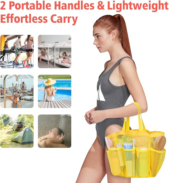 F-color Mesh Shower Caddy Portable, Upgraded Deeper 7-Pocket Shower Bag Basket Tote for College Dorm Room Toiletry Bathroom Essentials Gym Camp Quick Dry with 2 Handles and S Hook, Yellow