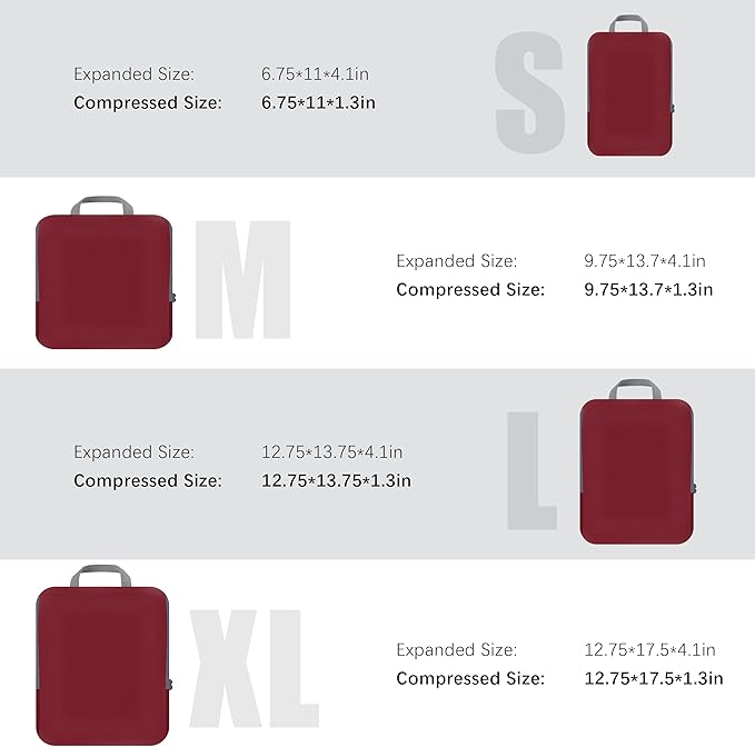 4 Set Compression Packing Cubes Travel - Travel Accessories Expandable Packing Organizers for Carry On - Essentials Luggage Bags - Burgundy