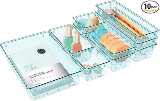 10 PCS Drawer Organizer Set, 4 Varied Size Bathroom and kitchen Drawer cabinet organizer Trays, Clear Storage Bins for Makeup, Jewelry, Utensils and Gadgets
