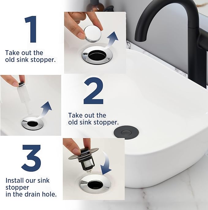 ADKADI Universal 2 in 1Bathroom Sink Stopper, 2 Pack Pop Up Bathroom Sink Drain Strainer for 1.06"-1.65" Basin Drain Holes, Anti Clogging Drain Filter (Matte Black(s)-2p)