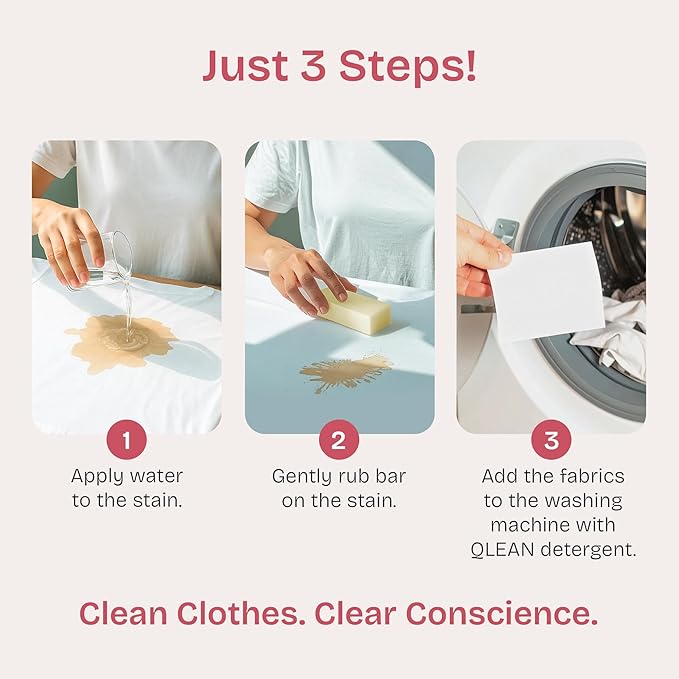 QLEAN Vegan Stain Remover Bar for Fabrics, Laundry Bar Soap for Clothes – Plant-Based, Travel-Friendly Stain Remover for Grease, Wine, Coffee, Grass & More – Non-Toxic & Safe for Delicates (1)