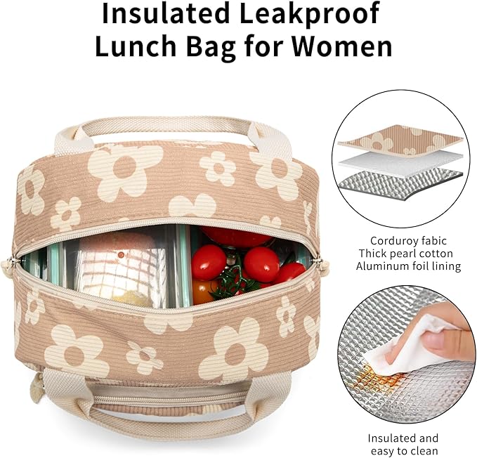 Lunch Bag Women Lunch Box for Women Adult Cute Insulated Lunch Bag Small Cooler Lunch Tote Bags for Work Picnic Travel (Brown-Flower)