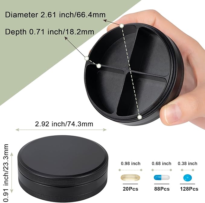 Daily Pill Organizer 4 Compartments - Metal Small Pill Case Waterproof, Travel Pill Box for Purse, Compact Medicine Container Pill Dispensers Holder for Vitamin, Fish Oil, Supplement (Black)