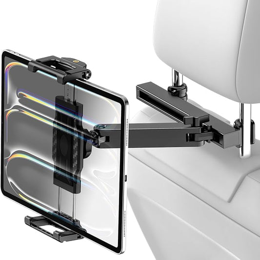 Car Back Seat Tablet Holder, [Thick Case Friendly] Car Headrest Tablet Mount Stand with Extension Arm, Road Trip Essentials for Kid, Fits iPad Pro 12.9 Air Mini, Tab, iPhone, 6.1-13" Device