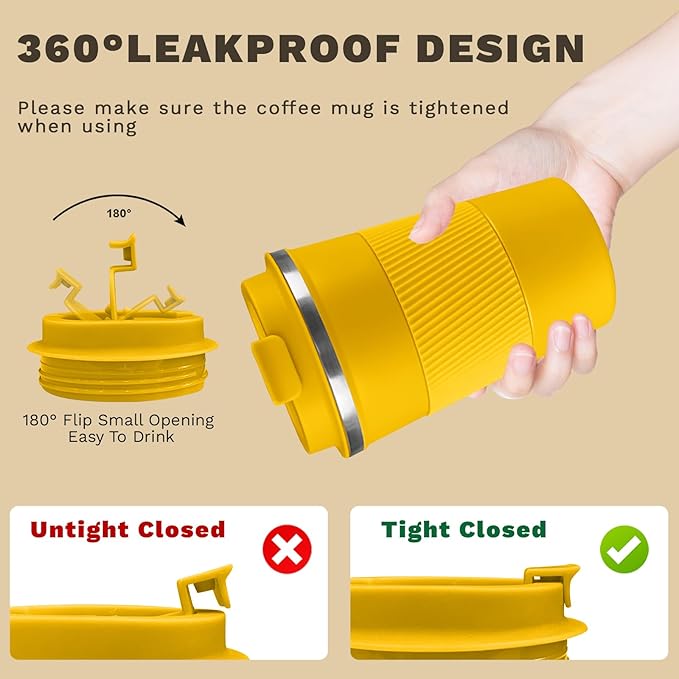 SPLMIFA Vacuum-Insulated Stainless Steel Travel Coffee Mug, Leak-Proof Reusable Coffee Cup with Lid-Keeps Drinks Hot & Cold for Hours, Durable Double Wall Tumbler for Men & Women (3rd-Yellow, 17OZ)