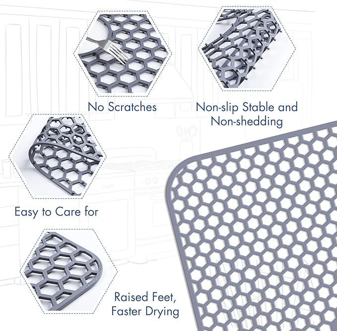 Silicone Sink Protectors for Kitchen Sink with Center Drain - 29.7"x 15.5" Kitchen Protector Accessory, Non-Slip Heat Resistant Mat for Bottom of Farmhouse Stainless Steel Porcelain (Gray)