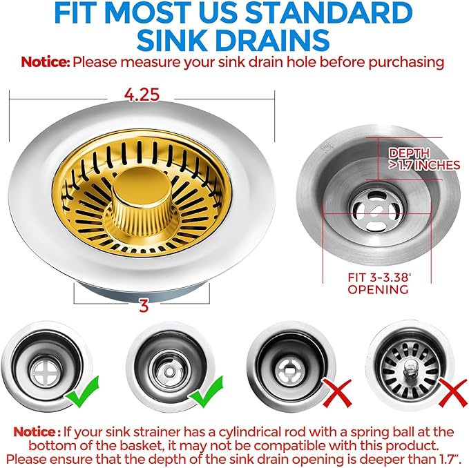 zaa Kitchen Sink Drain Strainer - Kitchen Sink Stopper, 304 Stainless Steel Sink Drain Stopper, Sink Protector for Kitchen with Anti-Clog Filter, Fit US Standard 3-1/2'' Sink Drain Hole, Gold