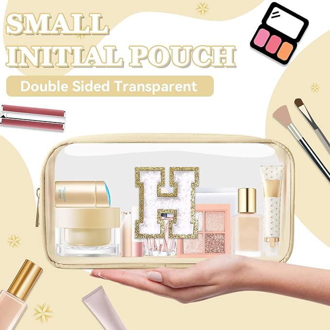 Small Clear Personalized Initial Makeup Bag,Nylon Preppy A-Z Chenille Letter Patch Cosmetic Pouch Beach Toiletry Bag,Waterproof Zipper Travel Purse Storage Bag Organizer for Women Girls(Beige-White H)