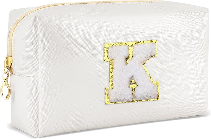 Gifts for Girls Initial Makeup Bag Personalized Cosmetic Bag with Zipper Cute Travel Toiletry Bags Waterproof PU Preppy Makeup Pouch Birthday Gift for Teen Girls Women(White K)